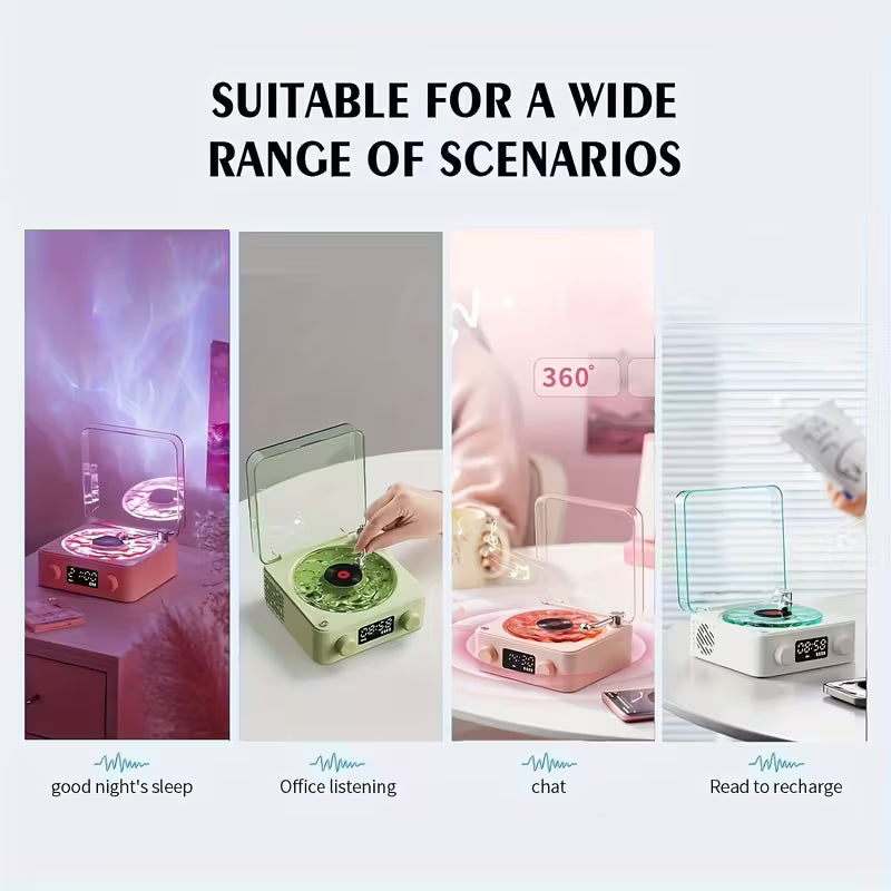 Retro Vinyl Bluetooth Speaker with Ocean Wave Light, LED Clock & White Noise – Perfect Gift for Music Lovers