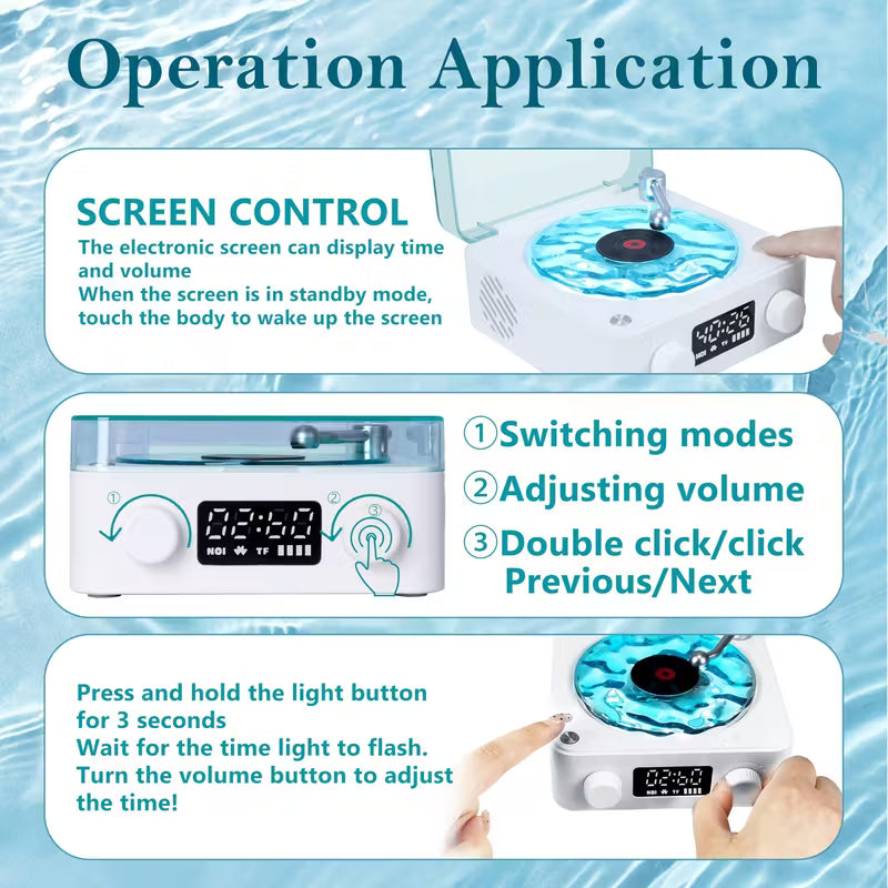 Retro Vinyl Bluetooth Speaker with Ocean Wave Light, LED Clock & White Noise – Perfect Gift for Music Lovers